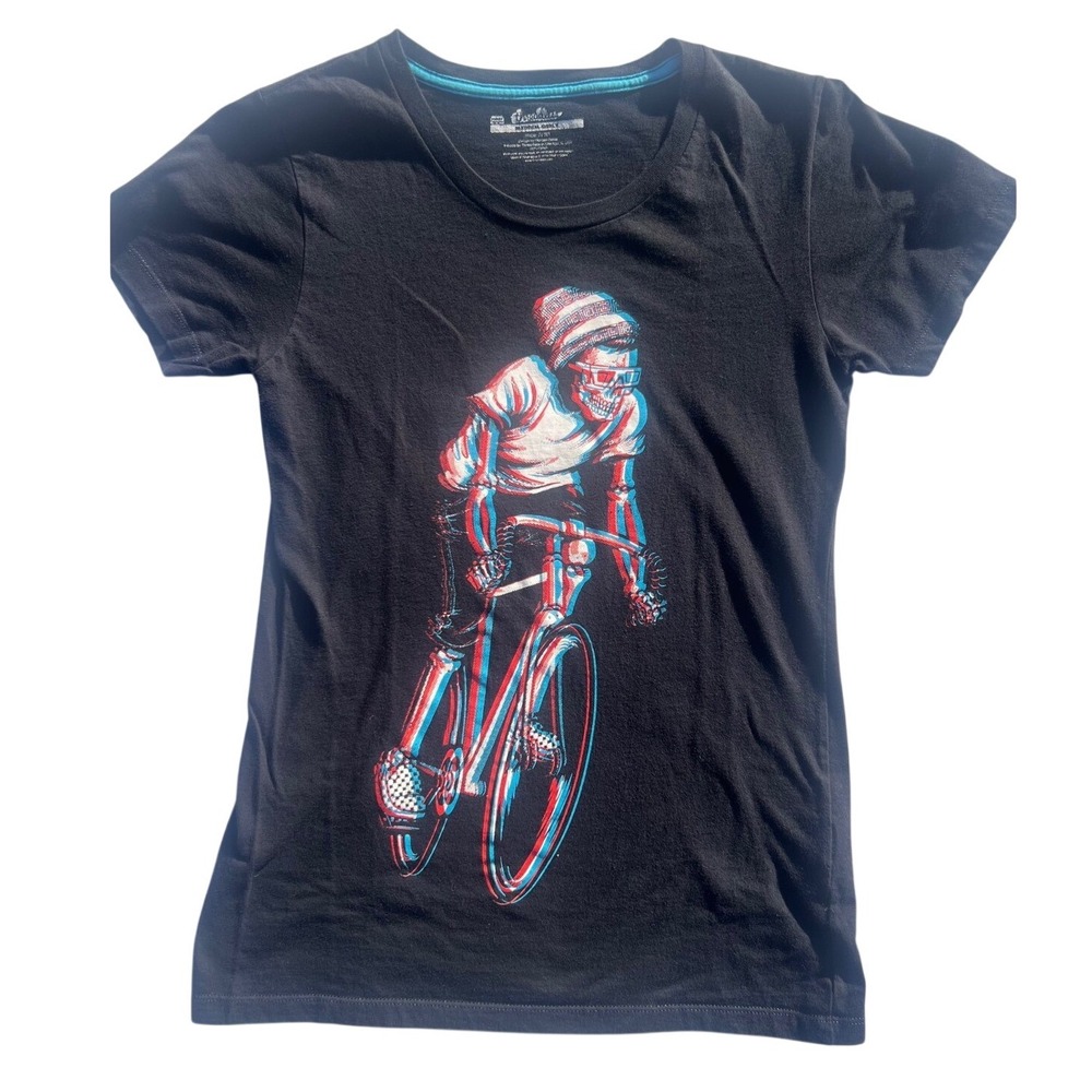Threadless Ride in 3D Skeleton Cyclist Graphic Tee Black Medium Girly Cotton